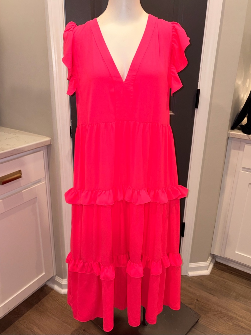 Amanda Uprichard Hot Pink Ruffle Tiered Cap Sleeve Long Calf-Length Dress-Medium